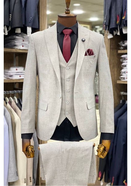 Slimfit Kesim Armur Desen Erkek Yelekli Takim Elbise-Tas
