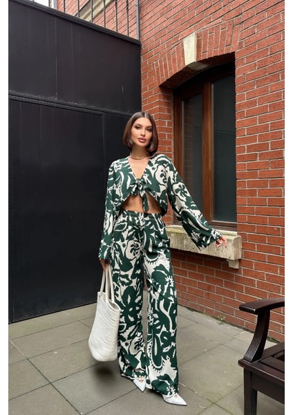 Yeşil Desenli Dokuma Bağlamalı Bluz Pantolon 2'li Takım