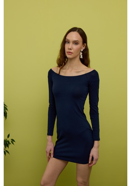 Kadın Lacivert Madonna Yakalı Mini Elbise