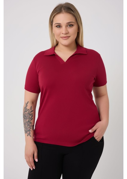 Curve Büyük Beden Kadın Pamuklu Likralı V Yaka Basic Düz Kısa Kol Bordo Bluz
