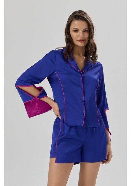 Addria Saks Mavisi Şortlu Saten Pijama Takımı