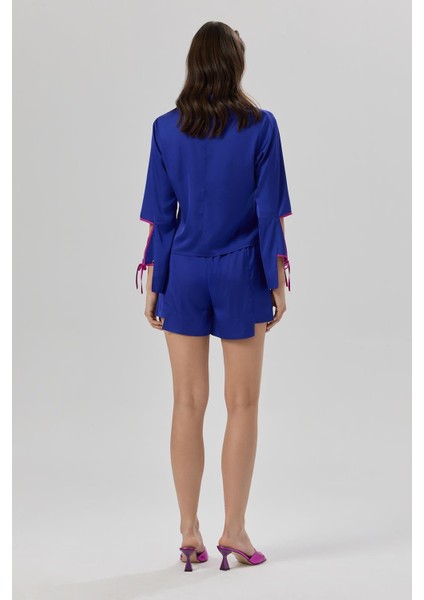 Addria Saks Mavisi Şortlu Saten Pijama Takımı