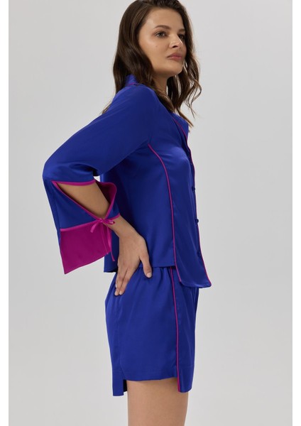 Addria Saks Mavisi Şortlu Saten Pijama Takımı