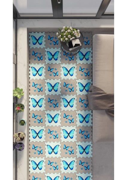 Dijital Baskılı Kelebek Desenli Balkon Halısı Yolluk Yapboz Puzzle Japon Halı