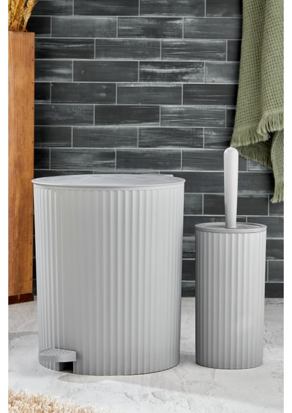 2 Parça Pedallı Banyo Seti - Pedallı Çizgili Yuvarlak Çöp Kovası Wc Fırçası Set