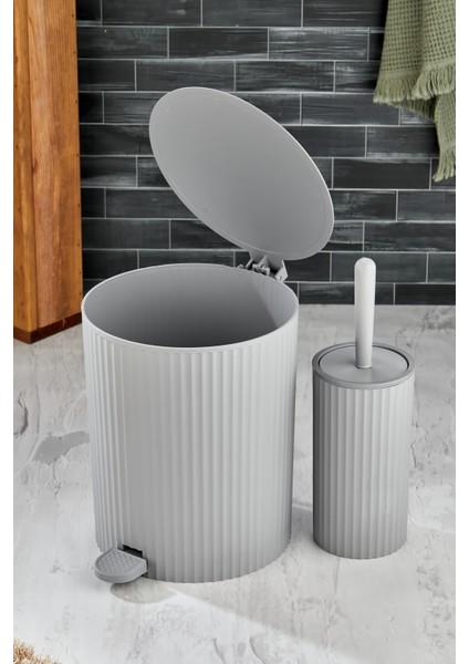 2 Parça Pedallı Banyo Seti - Pedallı Çizgili Yuvarlak Çöp Kovası Wc Fırçası Set modelleri