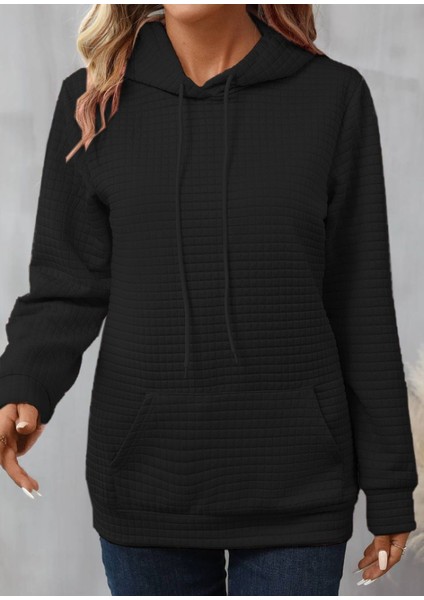 Kadın Uzun Kollu Kapşonlu Bağcıklı Cepli Capitone Sweatshirt