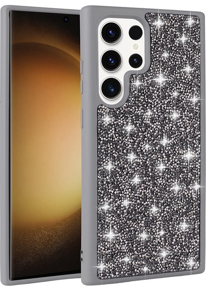 Samsung Galaxy S25 Ultra Kılıf Parlak Taşlı Tasarım Sah Pırlanta Kapak - Gri