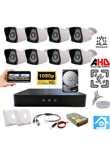 2mp 3.6 mm Su Geçirmez 8 Dış Kameralı Hareket Algılamalı 500 GB HDD Dahil Ahd Güvenlik Seti - ST82500
