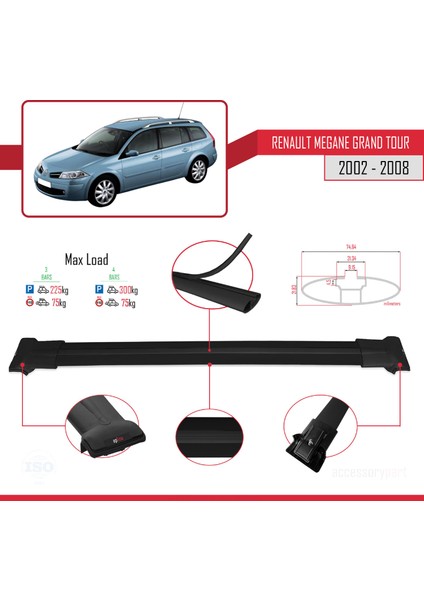 Renault Megane Grand Tour 2002-2008 Arası ile Uyumlu Fly Model Ara Atkı Tavan Barı Siyah 3 Adet modelleri