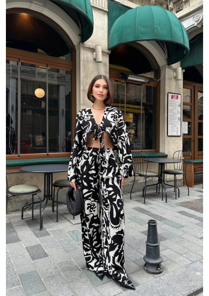 Siyah Desenli Dokuma Bağlamalı Bluz Pantolon 2'li Takım modelleri
