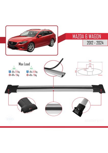 Mazda 6 Wagon 2012-2024 Arası ile Uyumlu Fly Model Ara Atkı Tavan Barı Gri 3 Adet modelleri