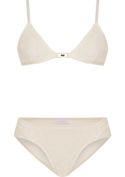 Dantel Dokulu Büstiyer Ekru Bikini Takım