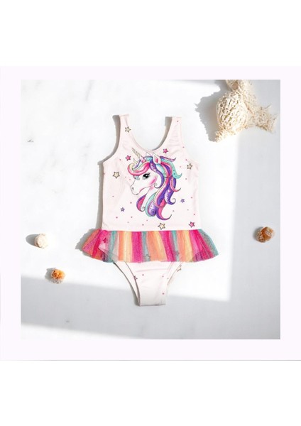 Kız Çocuk Unicorn Baskılı Eteği Renkli Tül Detaylı Mayo