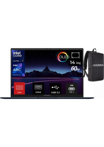 Zenbook 14 OLED Ultra 7 155H UX3405MA-QD379W-03 16GB 4tb Intel® Arc Graphics Windows 11 Home 14" OLED Taşınabilir Bilgisayar