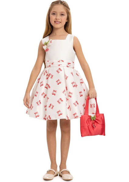 Pamina Kız Çocuk Kiraz Baskı Çantalı Elbise 3-7 Yaş Ekru