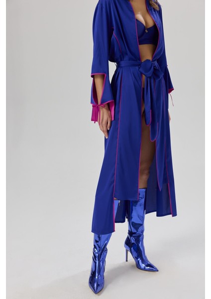Addria Saks Mavisi Uzun Saten Sabahlık / Kimono fiyatları