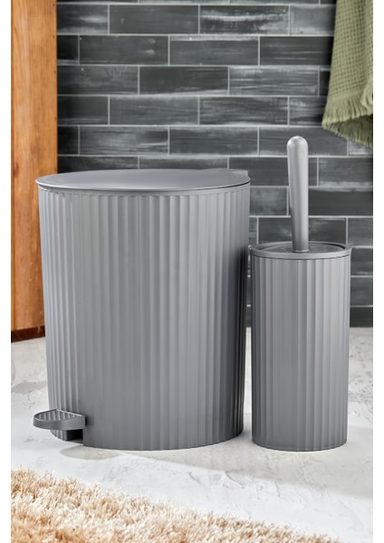 2 Parça Pedallı Banyo Seti - Pedallı Çizgili Yuvarlak Çöp Kovası Wc Fırçası Set