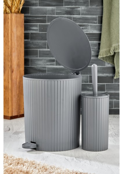 2 Parça Pedallı Banyo Seti - Pedallı Çizgili Yuvarlak Çöp Kovası Wc Fırçası Set fiyatları
