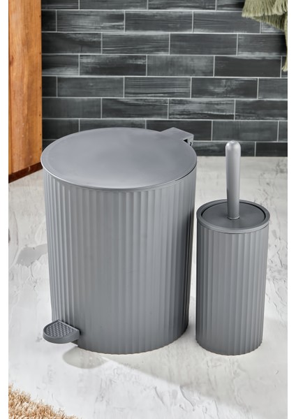 2 Parça Pedallı Banyo Seti - Pedallı Çizgili Yuvarlak Çöp Kovası Wc Fırçası Set modelleri