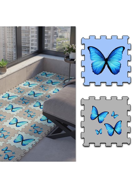 Dijital Baskılı Kelebek Desenli Balkon Halısı Yolluk Yapboz Puzzle Japon Halı