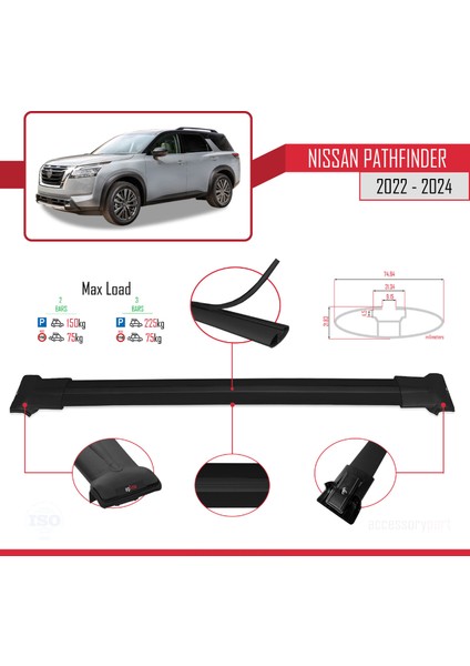 Nissan Pathfinder 2022-2024 Arası ile Uyumlu Fly Model Ara Atkı Tavan Barı Siyah 2 Adet fırsatları