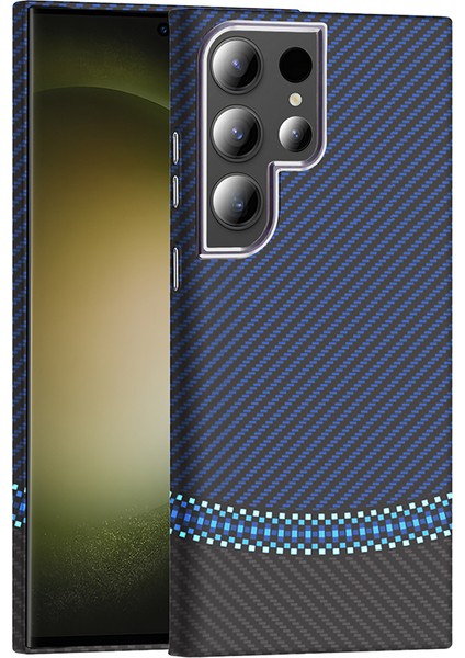 Galaxy S23 Ultra Kılıf M-Safe Şarj Özellikli Karbon Fiber Görünümlü Sah Gros Kapak - Siyah-Lacivert