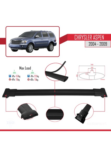 Chrysler Aspen 2004-2009 Arası ile Uyumlu Fly Model Ara Atkı Tavan Barı Siyah 2 Adet fırsatları
