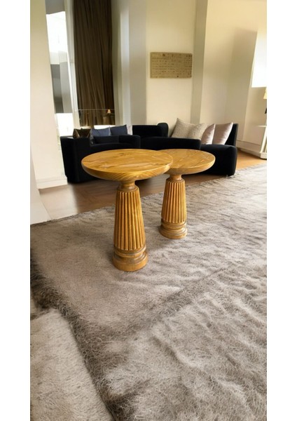 Wood Ahşap 2'li Set Konik Model Mantar Yan Sehpa Modern Fiskos / Tütün Renk / Zigon Sehpa Vernikli