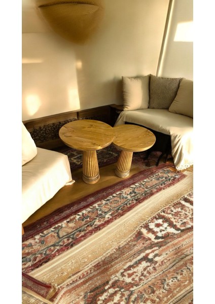 Wood Ahşap 2'li Set Konik Model Mantar Yan Sehpa Modern Fiskos / Tütün Renk / Zigon Sehpa Vernikli