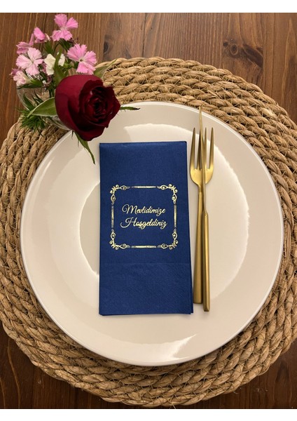 Gold Yaldızlı Bodrum Mavisi Çerçeveli Mevlidimize Hoşgeldiniz Peçete 16 Adet