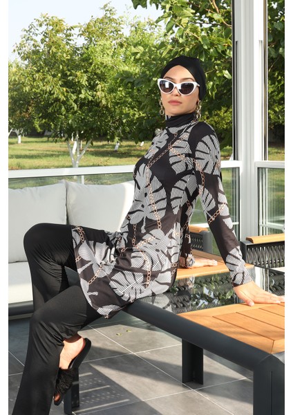 Likralı Tam Kapalı Tesettür Mayo Dokuma Kumaşlı Şık Desenli Kadın 268-515 Siyah modelleri
