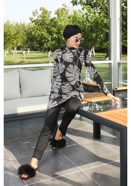 Likralı Tam Kapalı Tesettür Mayo Dokuma Kumaşlı Şık Desenli Kadın 268-515 Siyah indirimleri