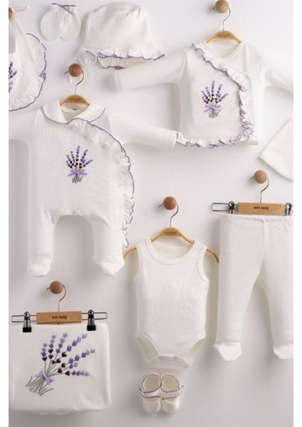 Kız Bebek Yeni Doğan Lavanta Desenli 10'lu Set Beyaz