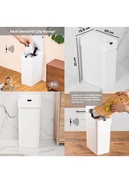 Me-06 Hareket Sensörlü Sessiz Kapatma Çöp Kutusu Banyo Mutfak Çöp Kovası Kapaklı Banyo Çöp Kovası 9 lt