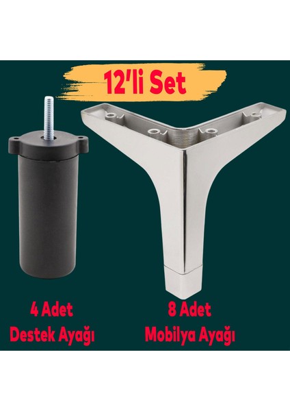 Mobilya Kanepe Sehpa Tv Ünitesi Koltuk Destek Ayağı 12 cm Krom Baza Ayakları 12'li Set