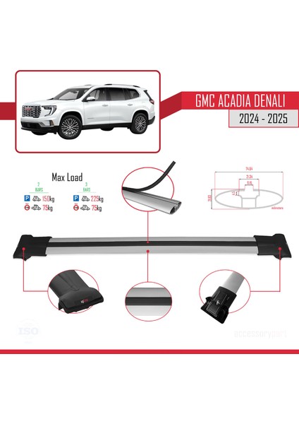 Gmc Acadia Denali 2024-2025 Arası ile Uyumlu Fly Model Ara Atkı Tavan Barı Gri 2 Adet fırsatları