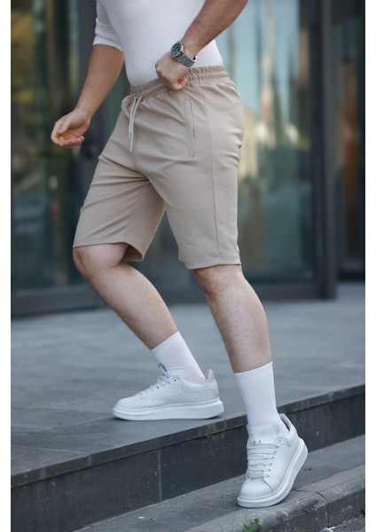 Erkek Taba Comfort Fit Kalıp Beli Lastikli Yan Çift Cepli Dokulu Kumaş Şort & Bermuda