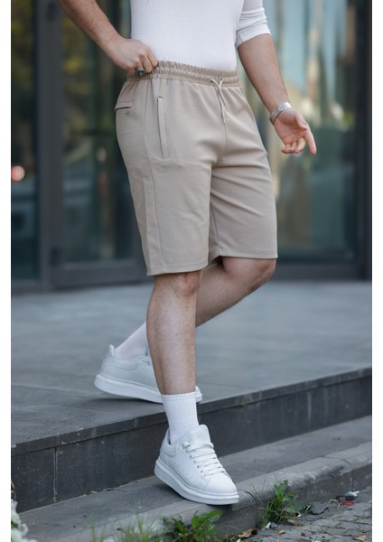 Erkek Taba Comfort Fit Kalıp Beli Lastikli Yan Çift Cepli Dokulu Kumaş Şort & Bermuda