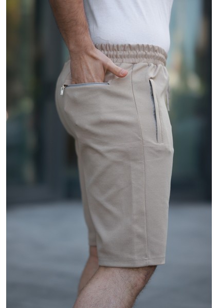 Erkek Taba Comfort Fit Kalıp Beli Lastikli Yan Çift Cepli Dokulu Kumaş Şort & Bermuda