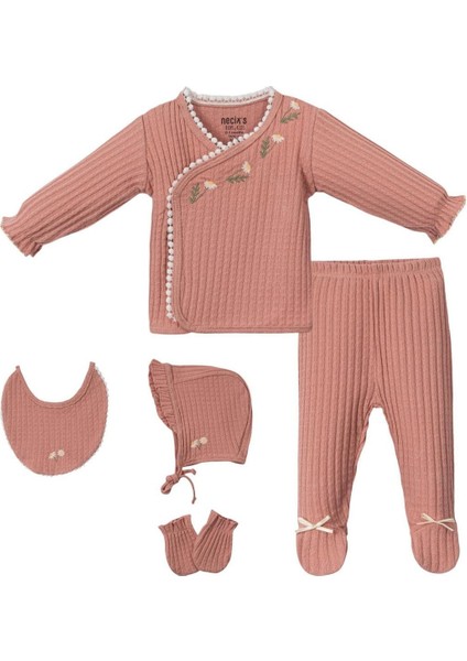 Kız Bebek Papatya Işlemeli Hastane Çıkısı 5'li Set Pembe
