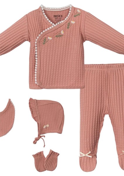 Kız Bebek Papatya Işlemeli Hastane Çıkısı 5'li Set Pembe