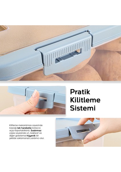 4'lü Kayar Kapaklı Bakliyat Saklama Kabı - Çok Amaçlı Kilitli Kapak Erzak Şeker Un Kabı Mavi 10 Lt