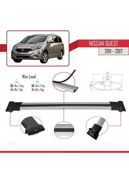 Nissan Quest 2011-2017 Arası ile Uyumlu Fly Model Ara Atkı Tavan Barı Gri 2 Adet fırsatları