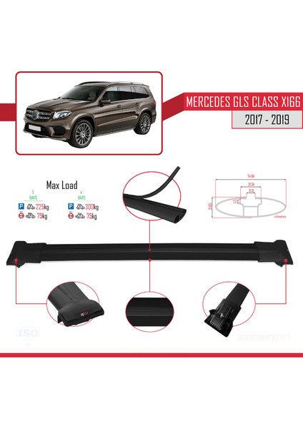 Mercedes Gls Class X166 2017-2019 Arası ile Uyumlu Fly Model Ara Atkı Tavan Barı Siyah 3 Adet modelleri