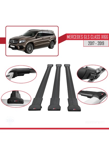 Mercedes Gls Class X166 2017-2019 Arası ile Uyumlu Fly Model Ara Atkı Tavan Barı Siyah 3 Adet fırsatları