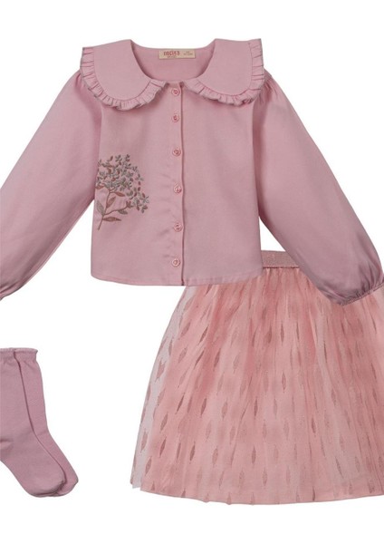 Kız Çocuk Yeni Sezon Yakatağa Tütülü Gömlekli Alt-Üst Takım Pembe