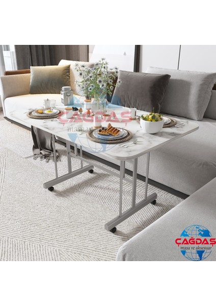 Tekerlekli Masa Orta Sehpa 70 x 110 Yükseklik 58 cm Metal Ayak Yemek Masası Balkon Masası
