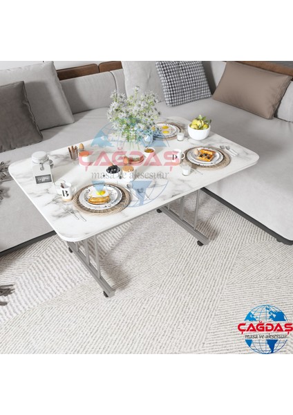Tekerlekli Masa Orta Sehpa 70 x 110 Yükseklik 58 cm Metal Ayak Yemek Masası Balkon Masası