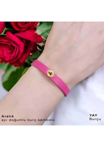 Kadınlara Özel Özgün Derili Yuvarlak Motifli 14 Ayar Altın Plakalı Burç Bilekliği-394Burç-Pembe